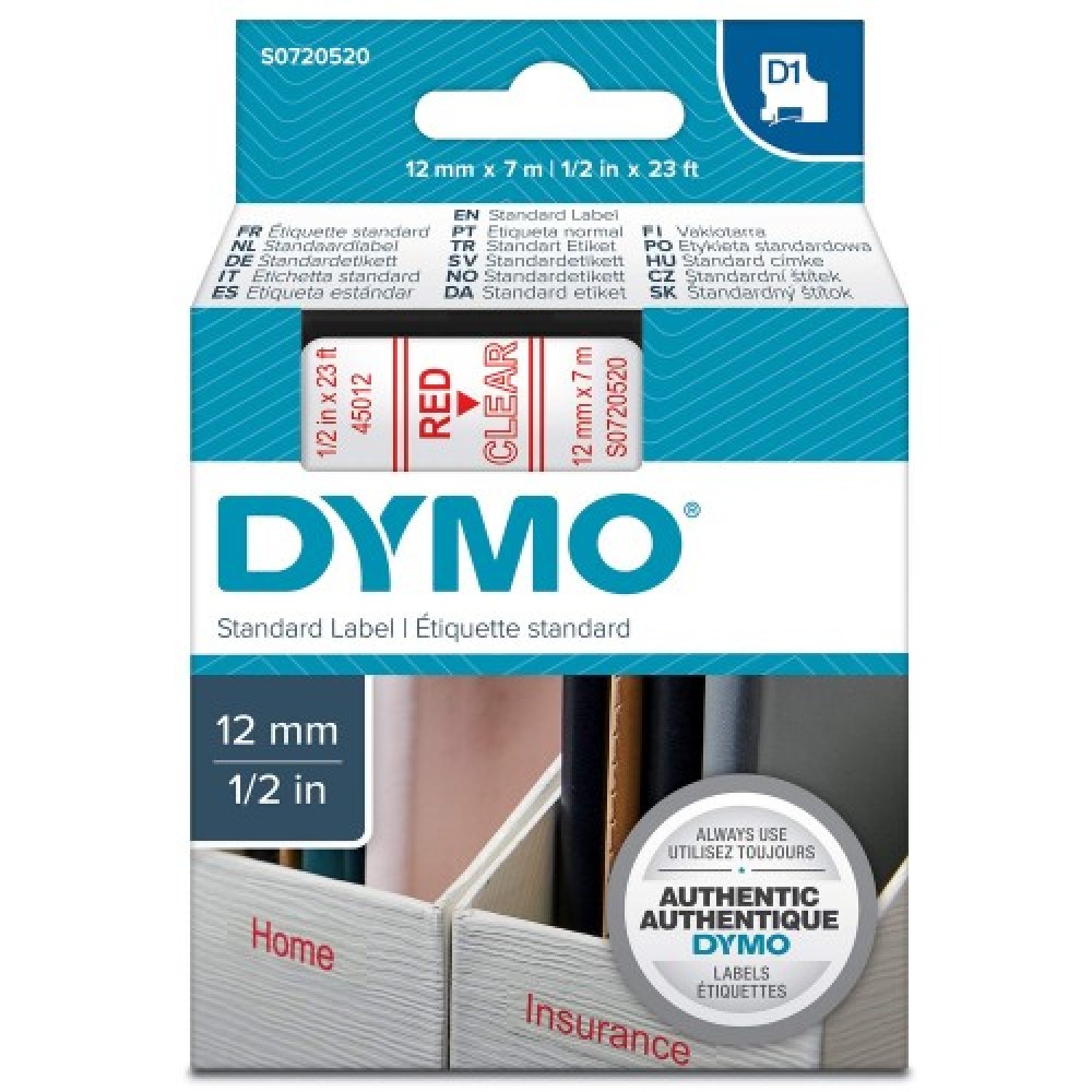 DYMO 45012 Şeffaf/Kırmızı D1 Yedek Şerit (12 mm x 7 mt)