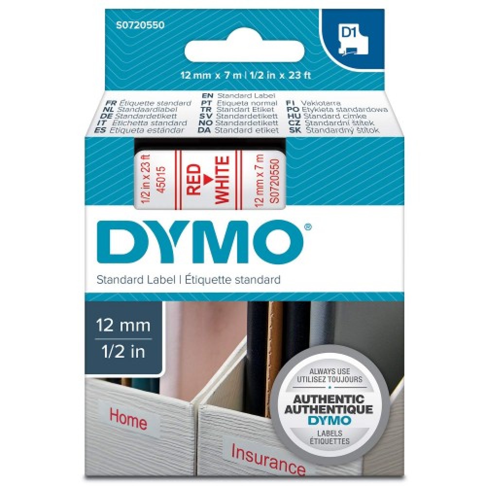 DYMO 45015 Beyaz/Kırmızı D1 Yedek Şerit (12 mm x 7 mt)