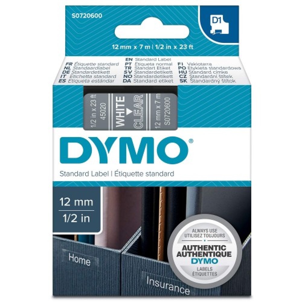 DYMO 45020 Şeffaf/Beyaz D1 Yedek Şerit (12 mm x 7 mt)