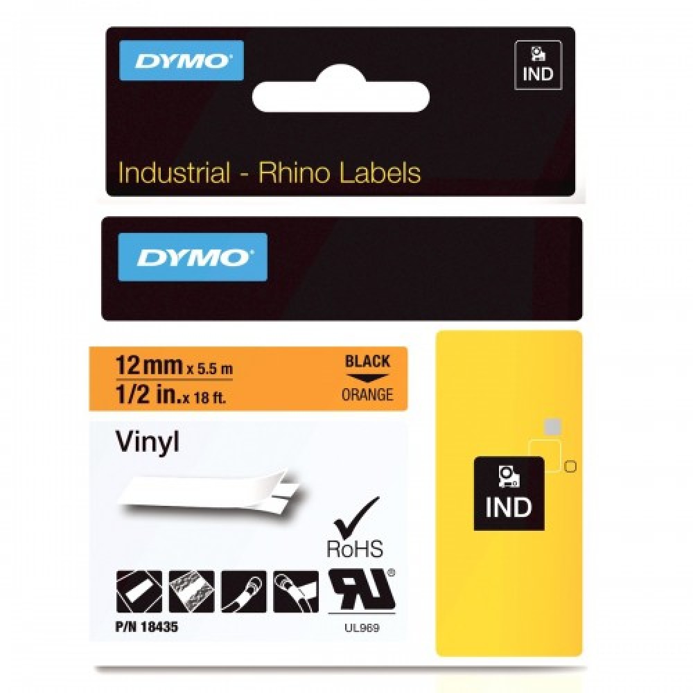 DYMO RhinoPRO 18435 Turuncu/Siyah Renkli Vinil Şerit 12 mm x 5,5 mt