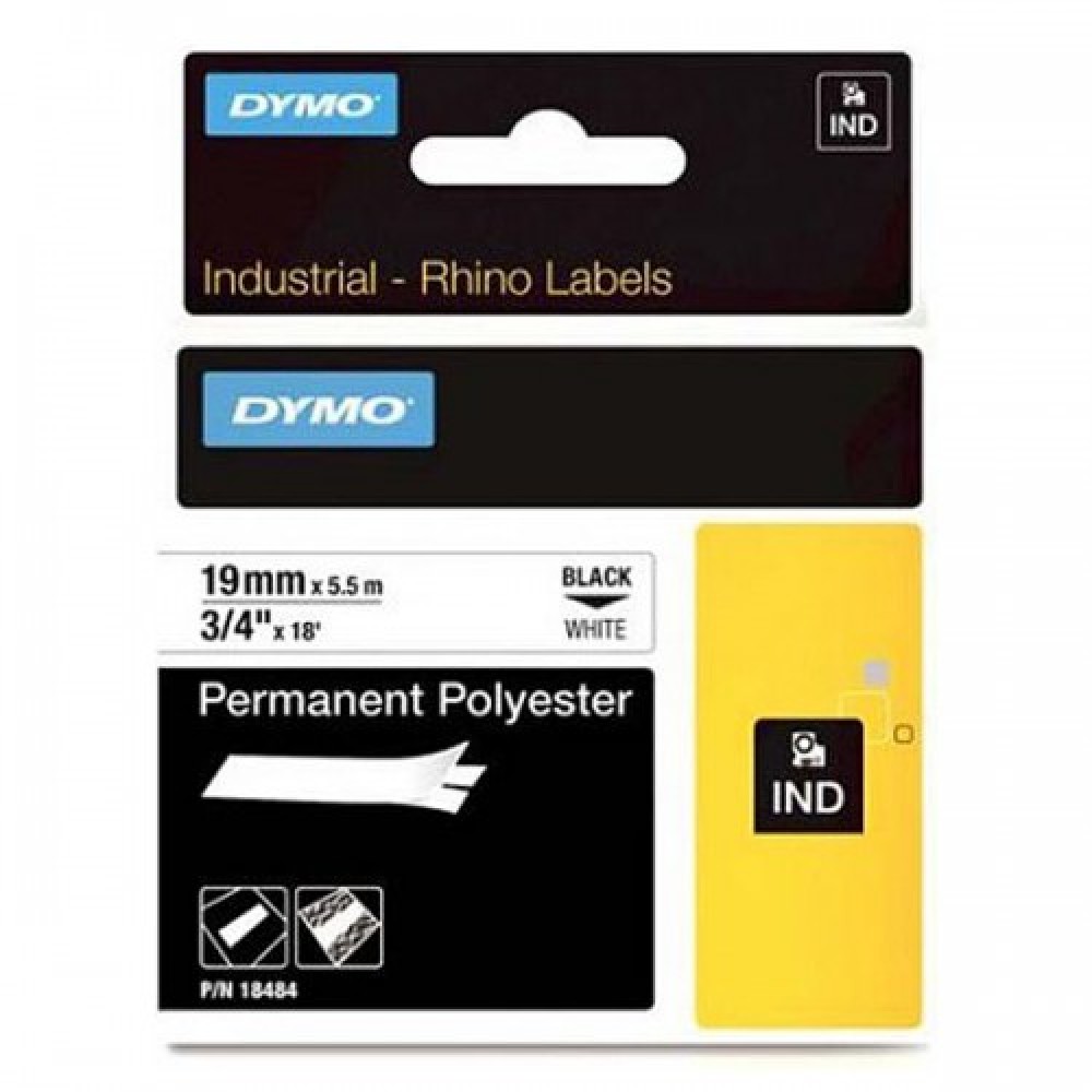 DYMO RhinoPRO 18484 Beyaz/Siyah Sabit Polyester Şerit 19 mm x 5,5 mt