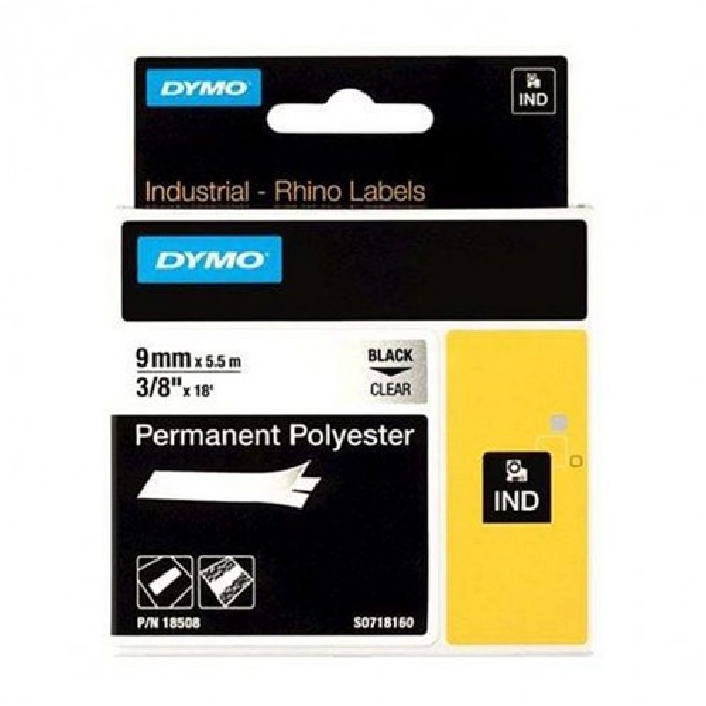 DYMO RhinoPRO 18508 Şeffaf/Siyah Sabit Polyester Şerit 9 mm x 5,5 mt